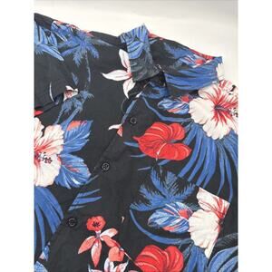 Original Use Hawaiian Button‎ Up Large Short Sleeve Shirt Rayon Black Floral